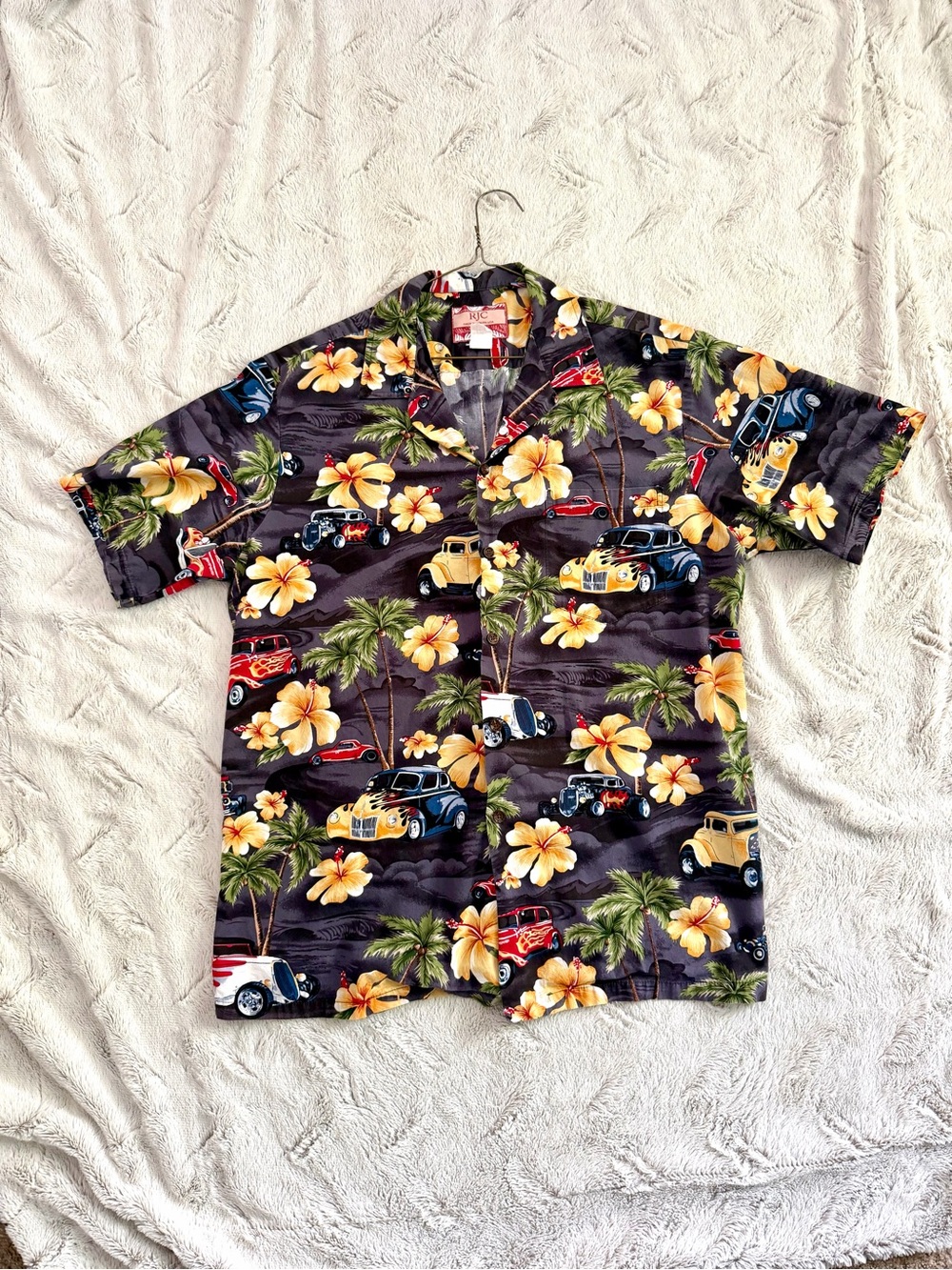 RJC Vintage Hawaiian Aloha Shirt Hot Rods Classic Cars Hibiscus